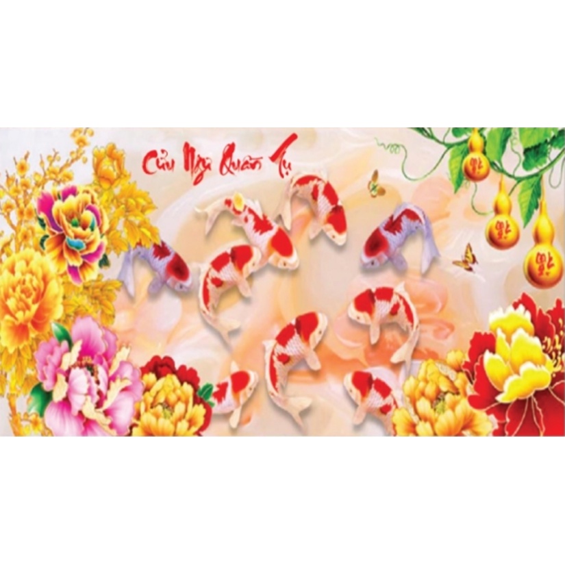 Tranh thêu chữ thập Cửu ngư quần tụ LV3202, kích thước 107 x 52 cm