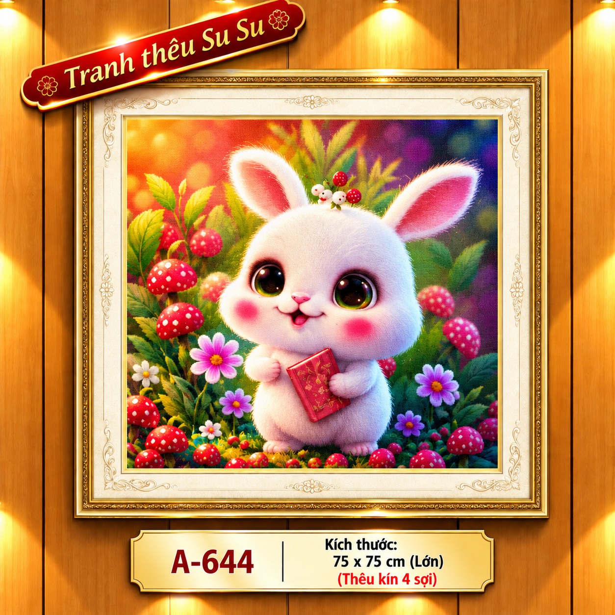[4 SỢI] Tranh thêu kín Thỏ ngọc 644, kích thước 75 x 75 cm