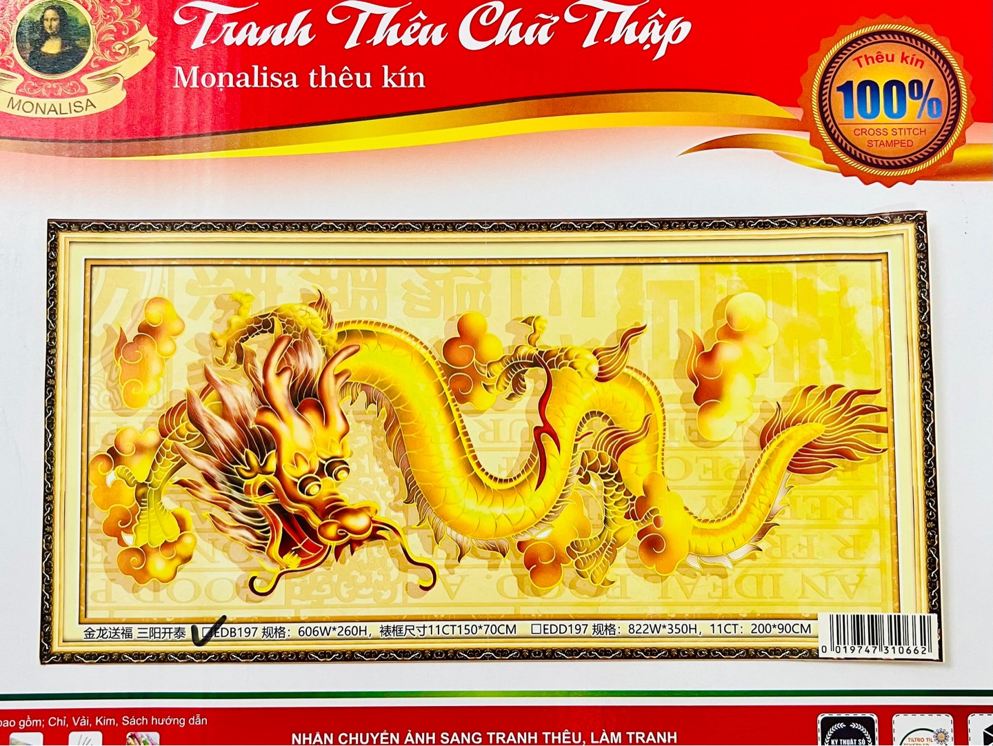 Tranh thêu Rồng vàng ban phúc EDB197, kích thước 150 x 70 cm