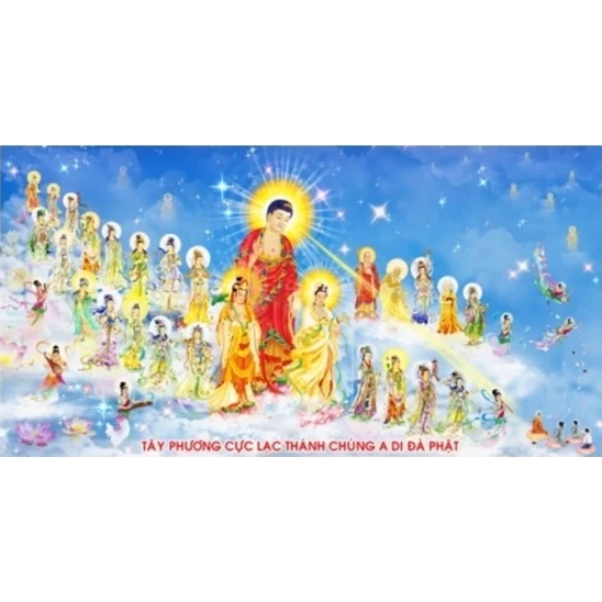 Tranh thêu Tây phương cực lạc thánh chúng a di đà phật LV3165, kích thước 113 x 63 cm