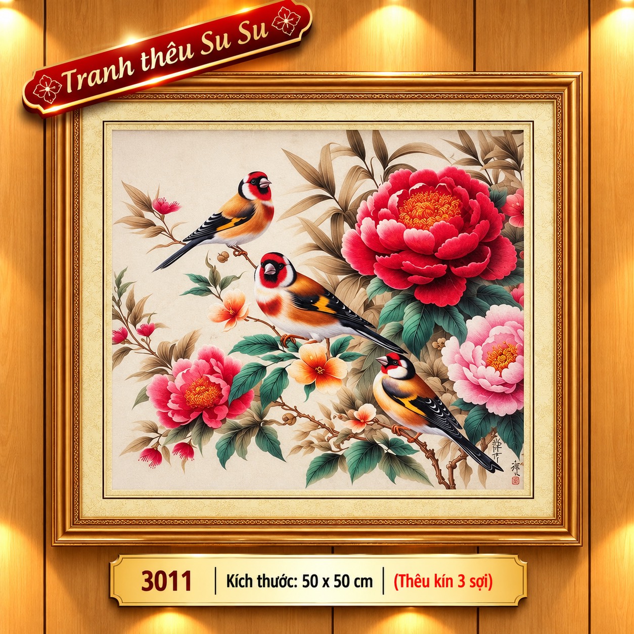 Tranh thêu kín Đôi chim và hoa 3011, kích thước 50*50 cm