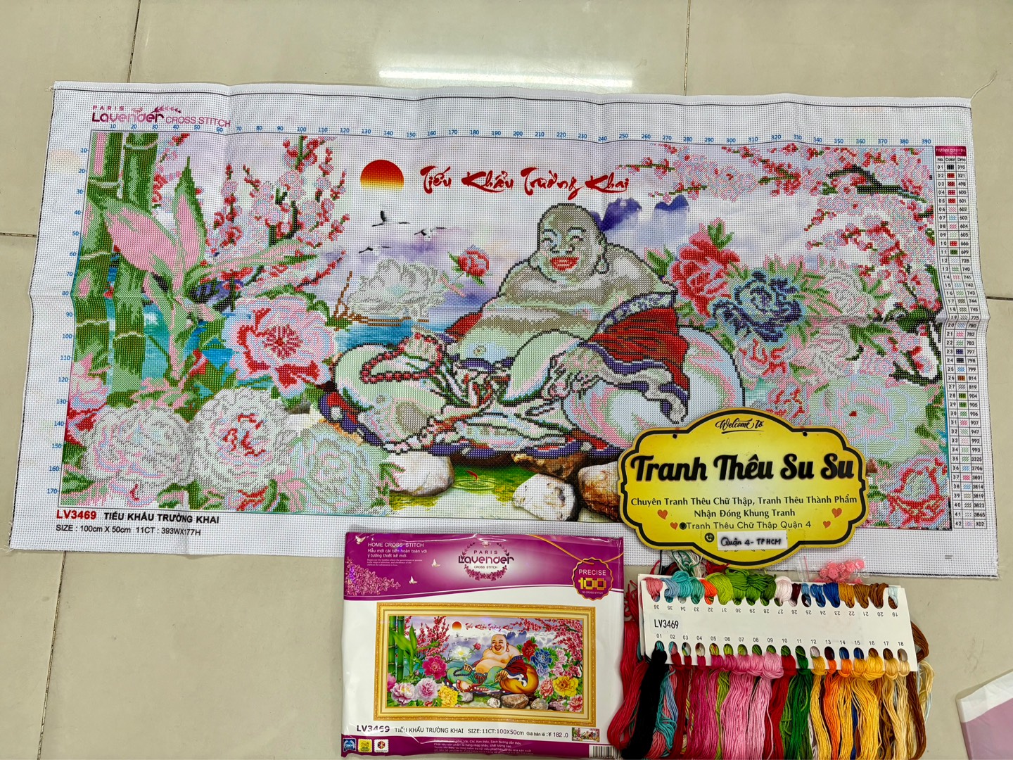 Tranh thêu chữ thập Phật di lặc LV3469, kích thước 100 x 50 cm