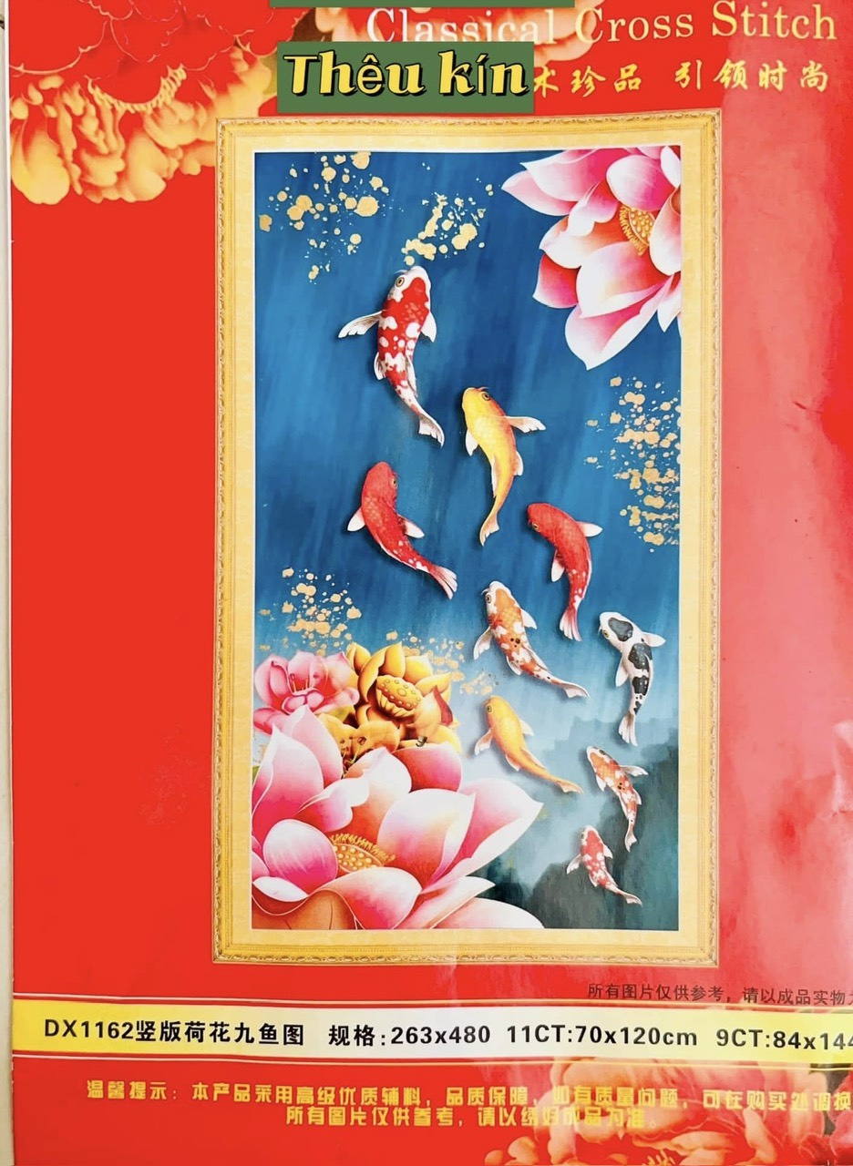 Tranh thêu kín cửu ngư quần hội DX1162, kích thước 70 x 120 cm