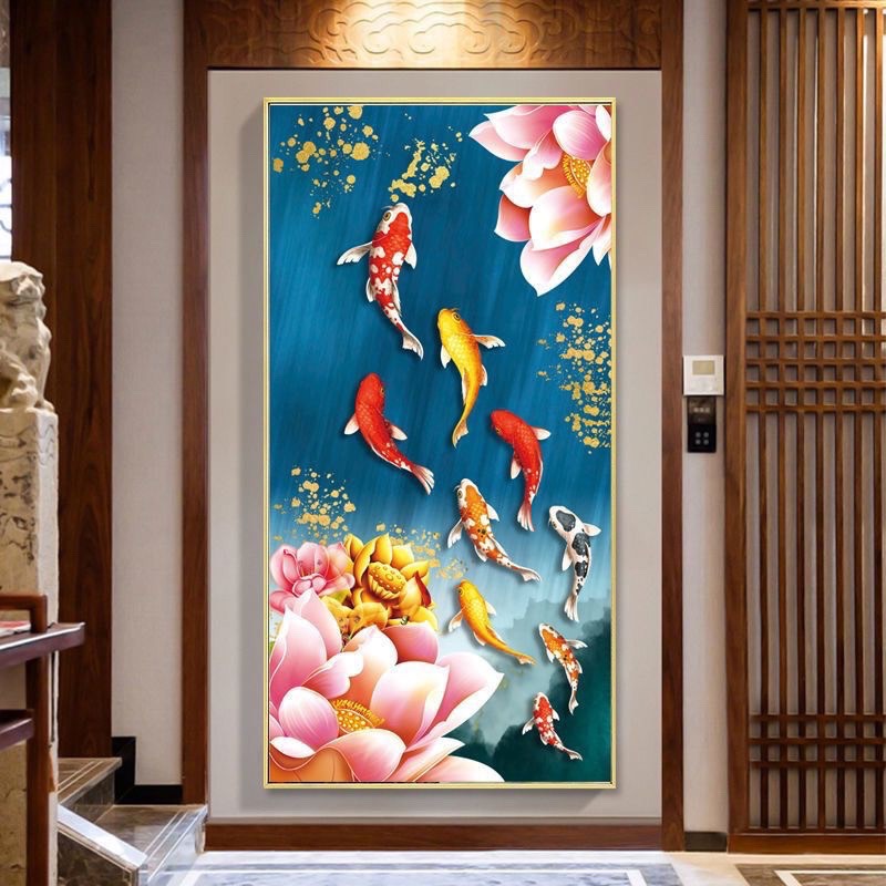 Tranh thêu kín cửu ngư quần hội DX1162, kích thước 70 x 120 cm