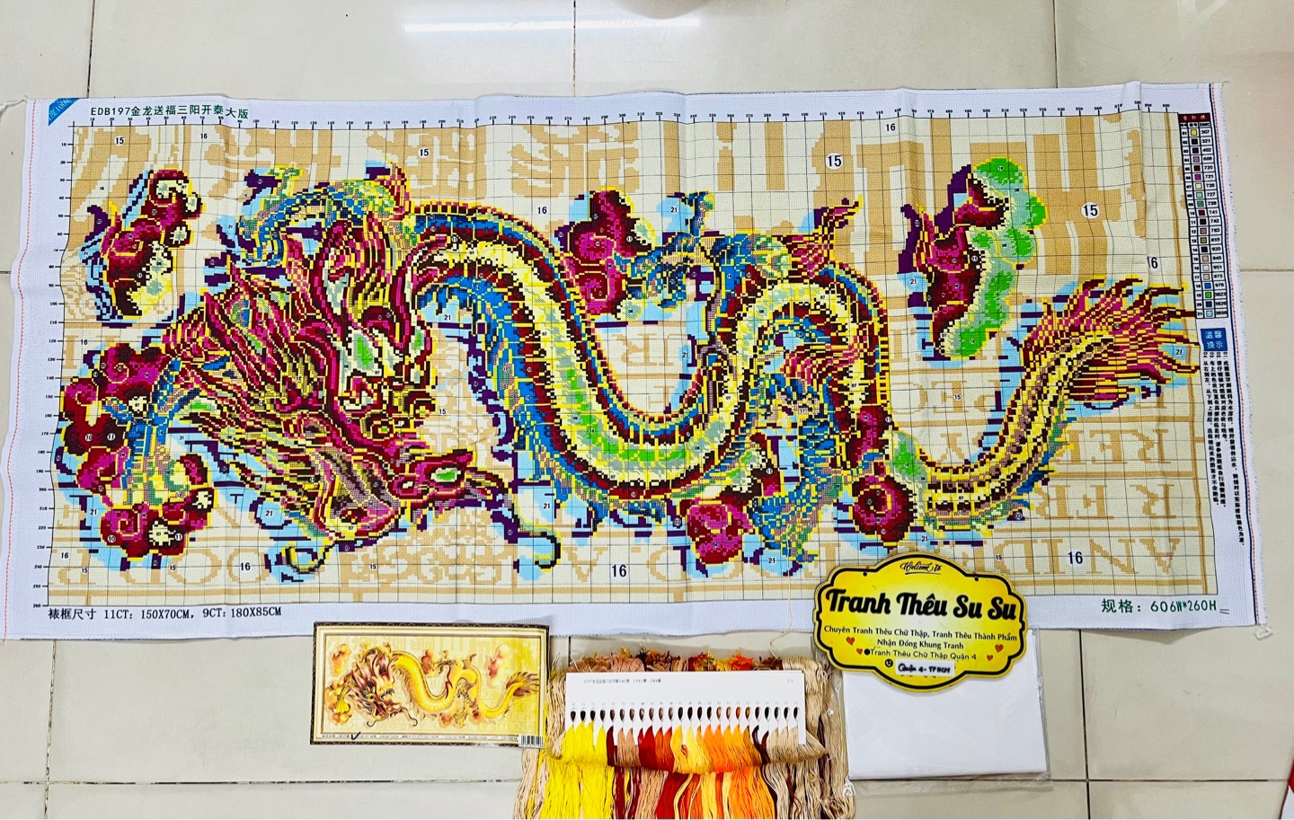 Tranh thêu Rồng vàng ban phúc EDB197, kích thước 150 x 70 cm