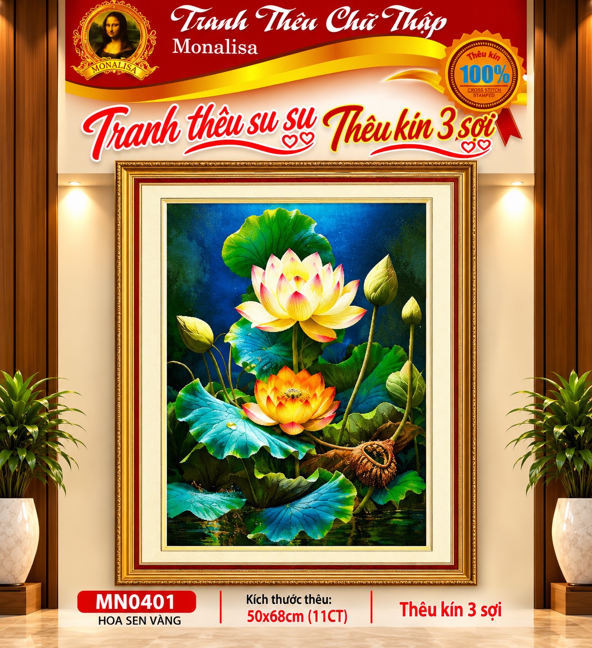Tranh thêu chữ thập Hoa sen MN0401, kích thước 50 x 68 cm