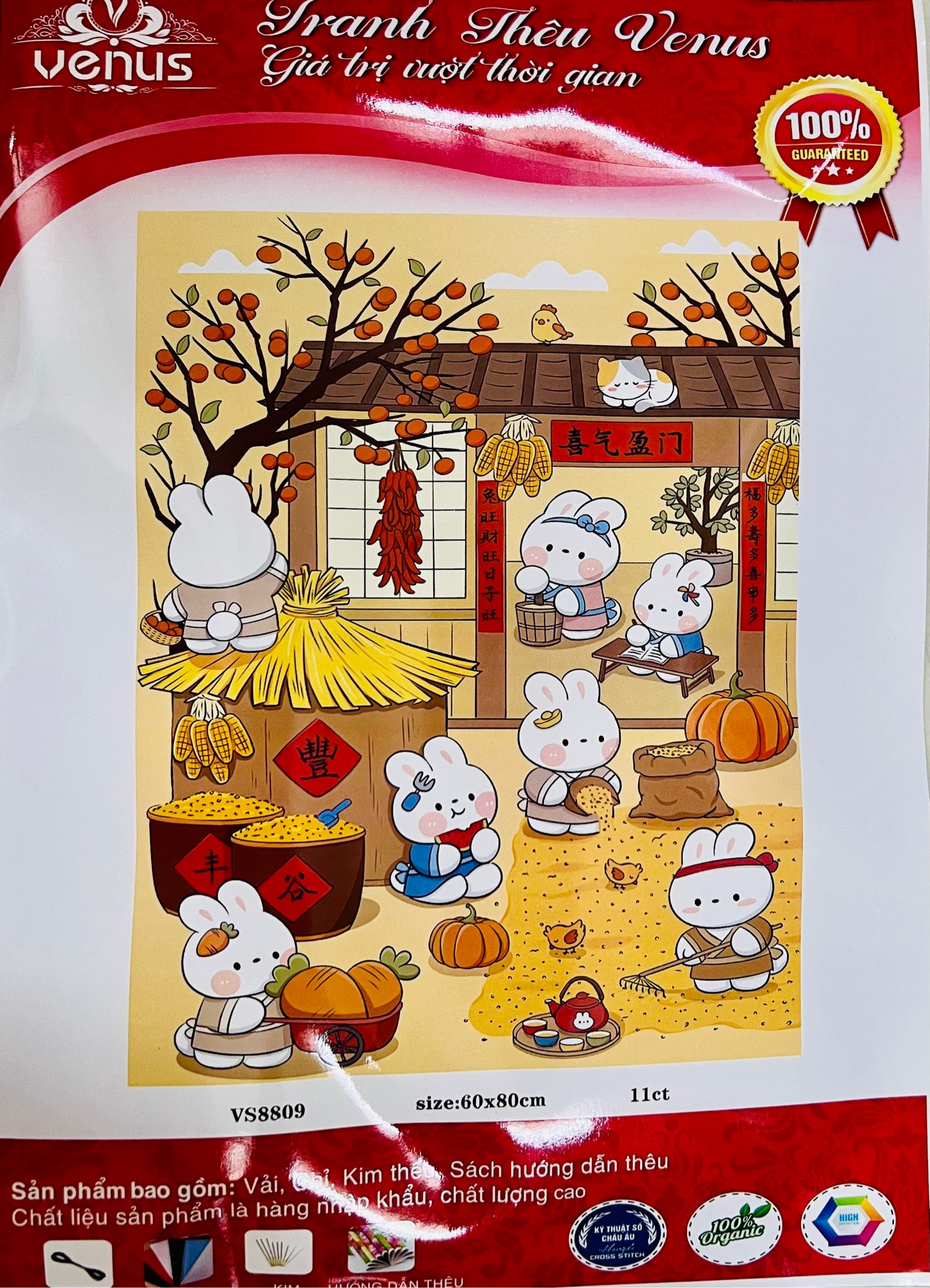 Tranh thêu kín thỏ phơi thóc VS8809, kích thước 60x80 cm