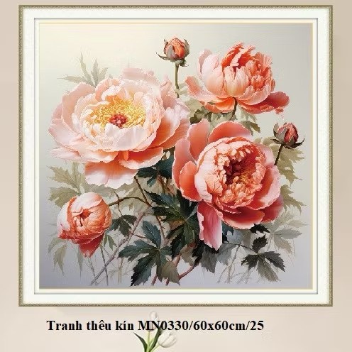 Tranh thêu kín Hoa mẫu đơn nở rộ MN0330, kích thước 60 x 60 cm