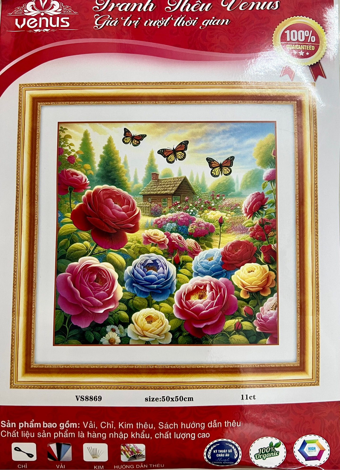Tranh thêu kín Hoa mẫu đơn VS8869, kích thước 50x 50 cm