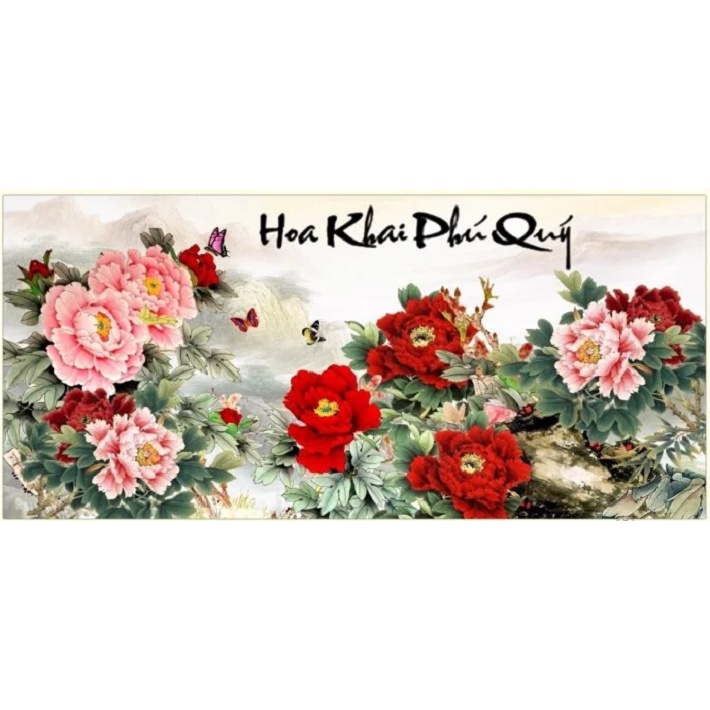 Tranh thêu chữ thập Hoa khai phú quý LV3401, kích thước 100 x 50 cm, tranh 3D (không thêu kín)