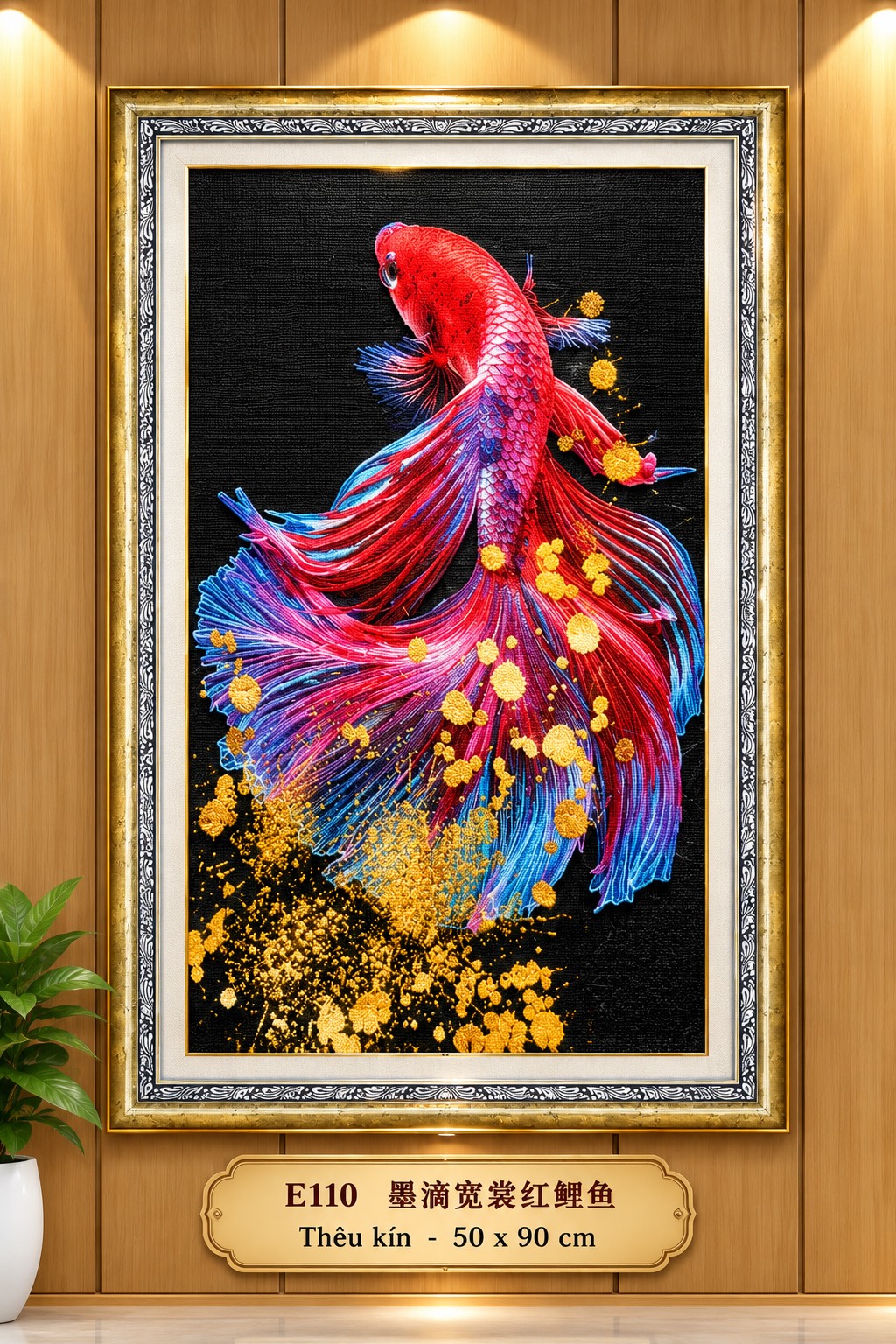 Tranh thêu kín cá bê ta E110, kích thước 50 x 90 cm, khách mua tự thêu