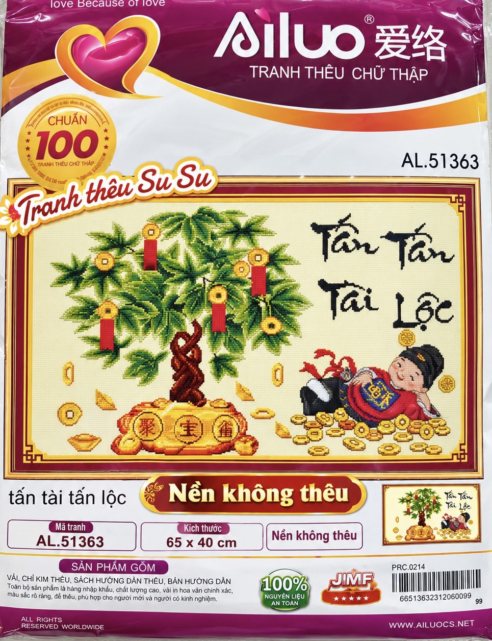 Tranh thêu chữ thập Tấn Tài tấn lộc AL51363, kích thước 65 x 40 cm