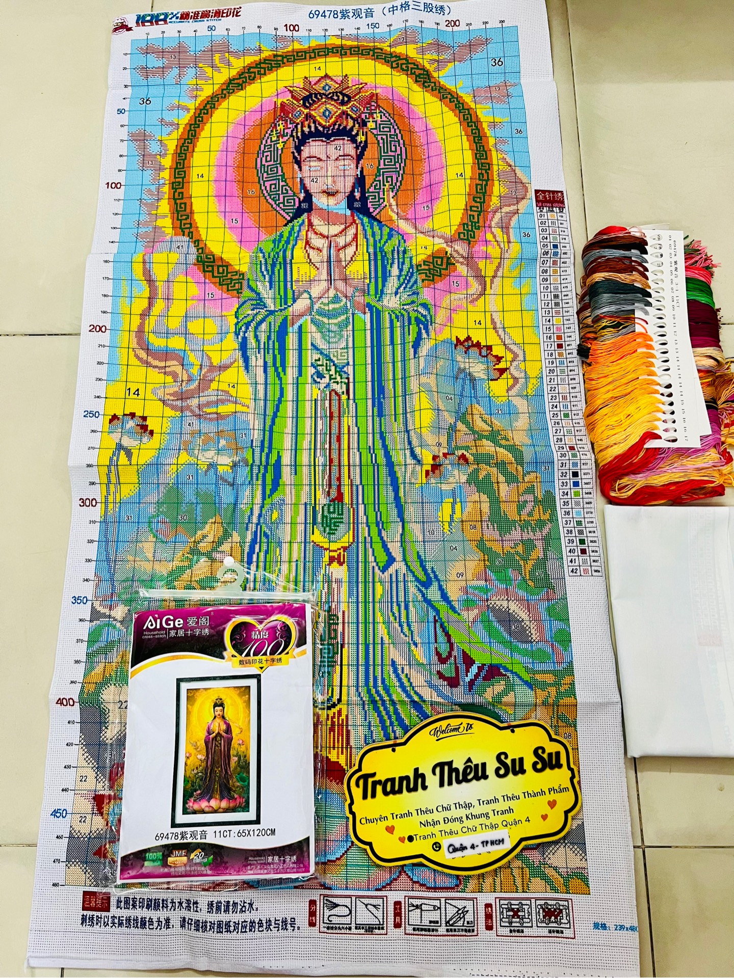 Tranh thêu kín quan âm 69478, kích thước 60x120 cm