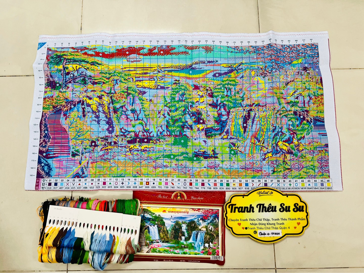 Tranh thêu kín Phong cảnh hữu tình E96, kích thước 100 x55 cm