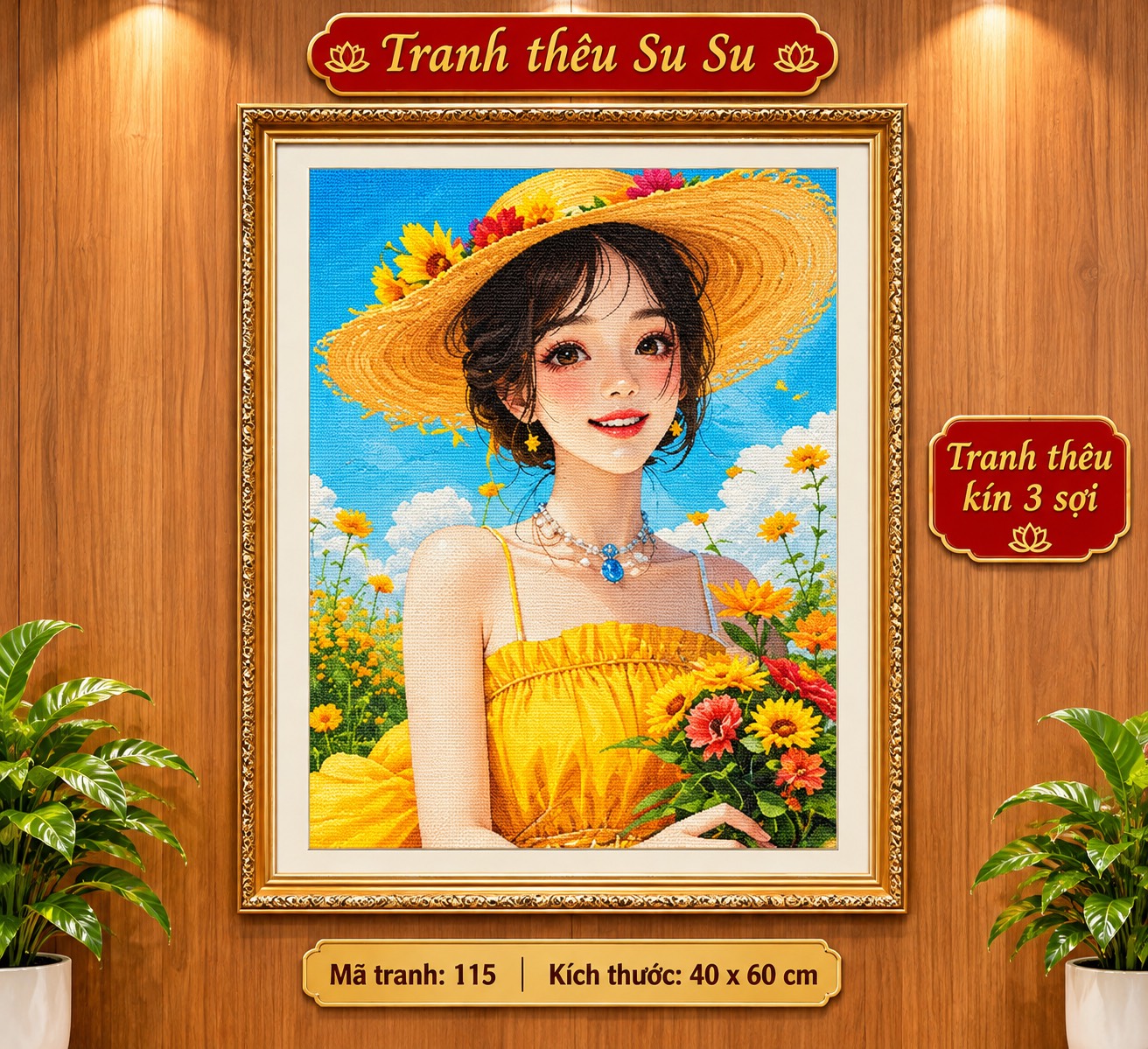 Tranh thêu kín cô gái mộng mơ 115, kích thước 40x60 cm