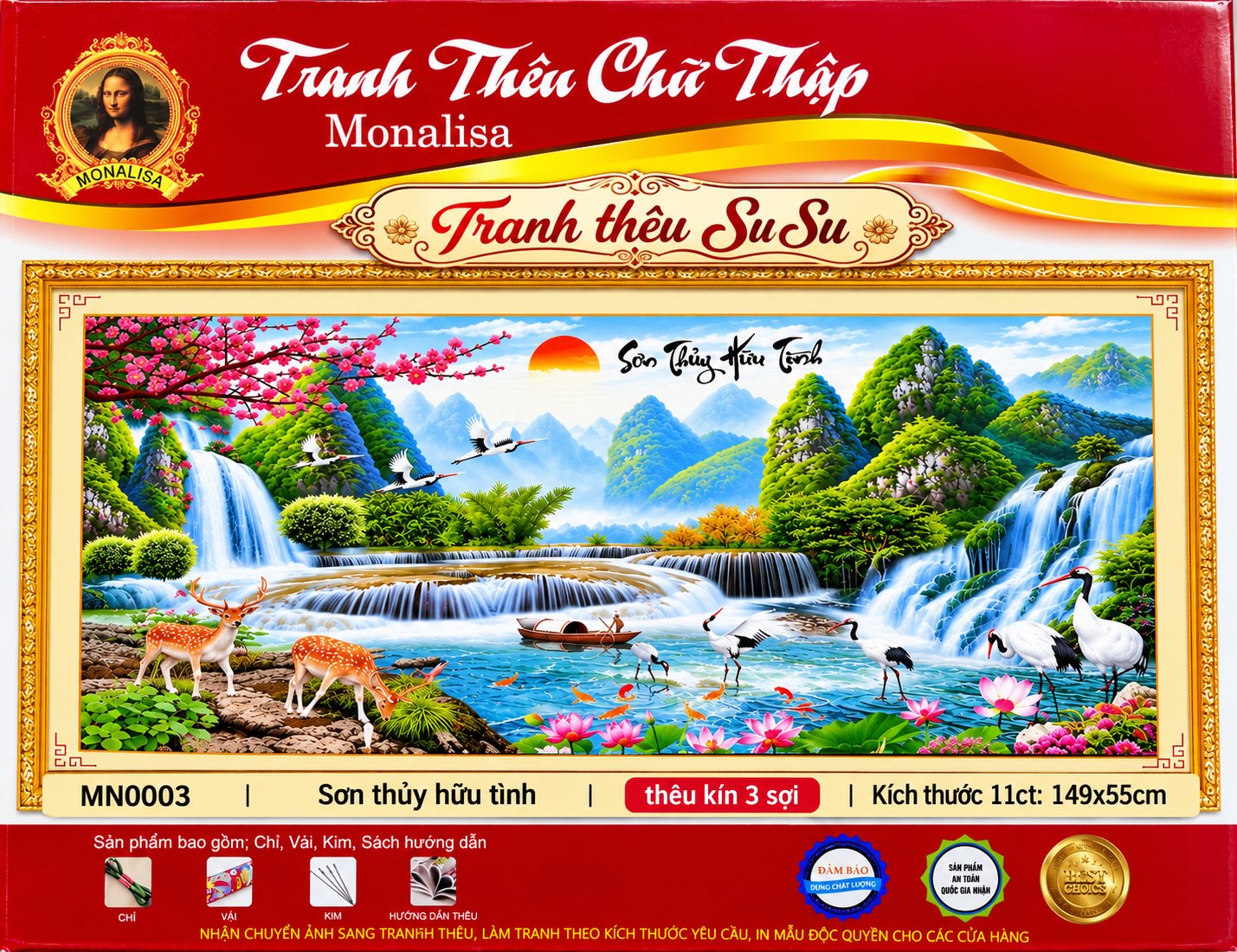 Tranh thêu kín Sơn thuỷ hữu tình MN0003, kích thước 149 x 55 cm