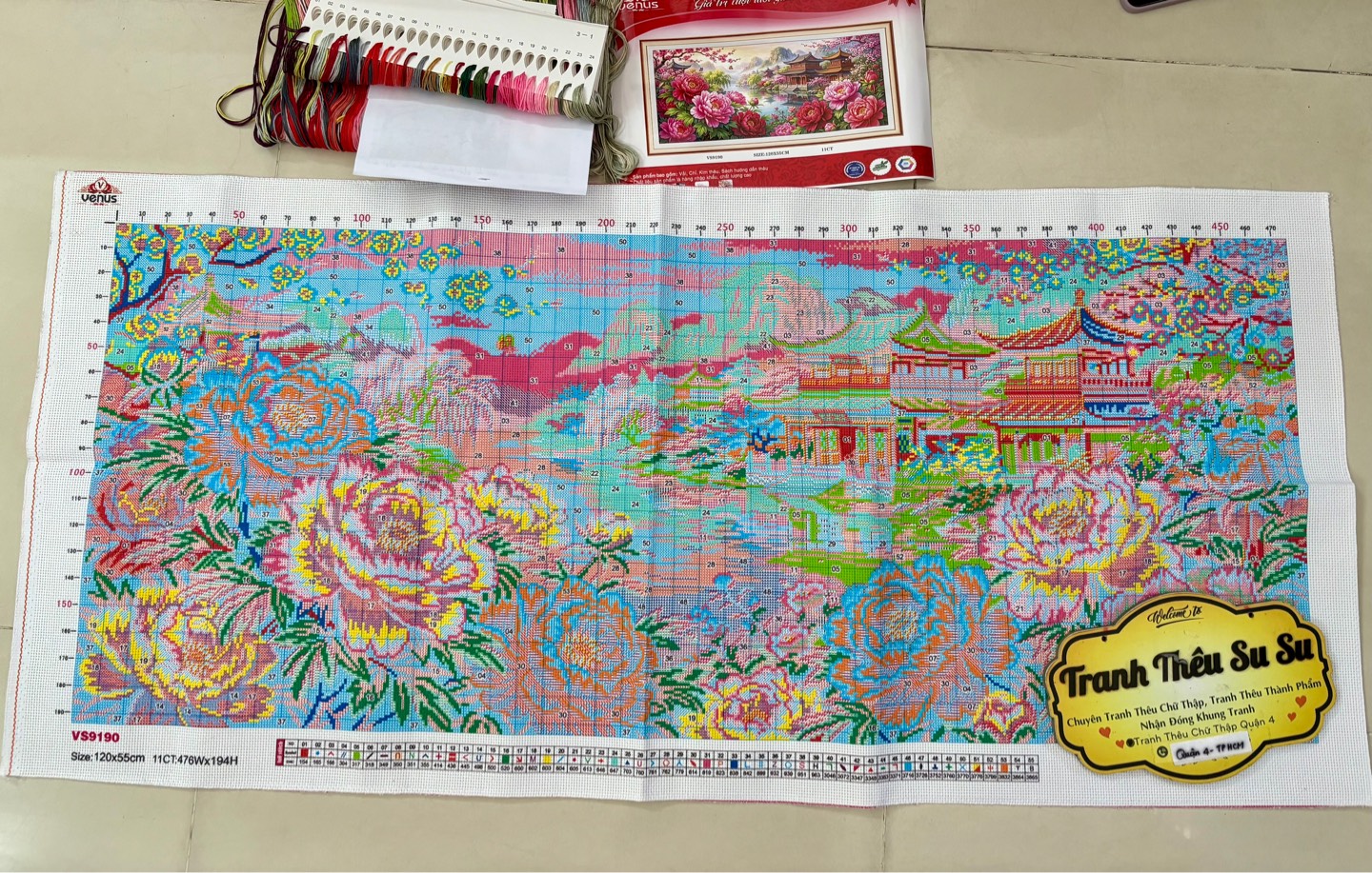 Tranh thêu kín Mẫu đơn phú quý VS9190, kích thước 120 x 55 cm