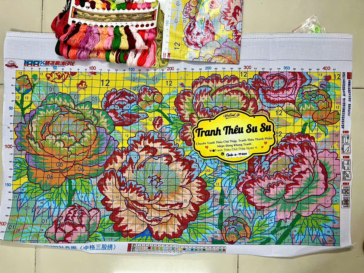 Tranh thêu kín Hoa mẫu đơn 65289, kích thước 105 x 60 cm