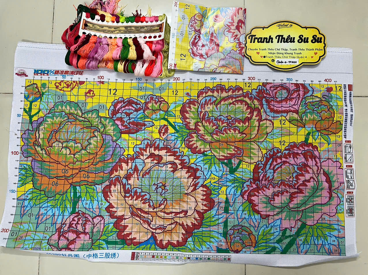 Tranh thêu kín Hoa mẫu đơn 65289, kích thước 105 x 60 cm