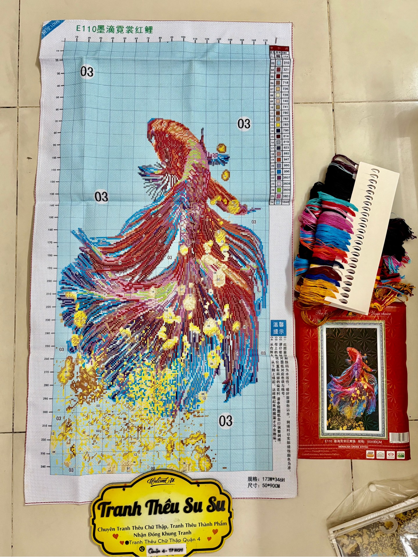 Tranh thêu kín cá bê ta E110, kích thước 50 x 90 cm, khách mua tự thêu