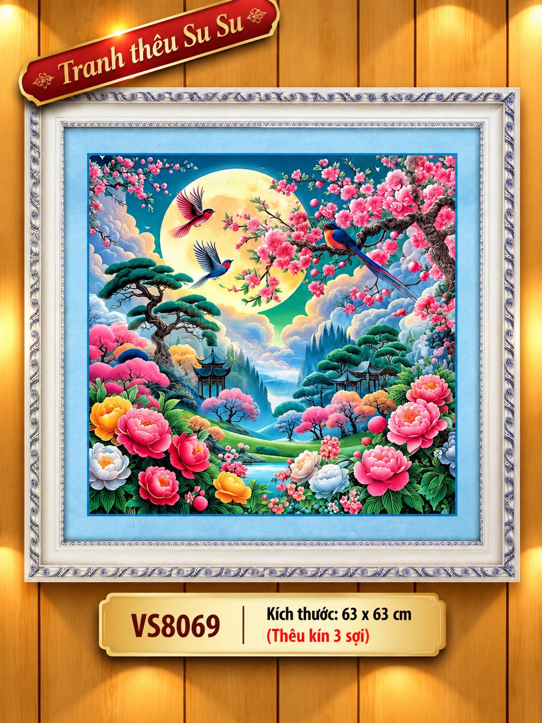 Tranh thêu kín Phong cảnh mùa xuân VS8069, kích thước 63 x 63 cm