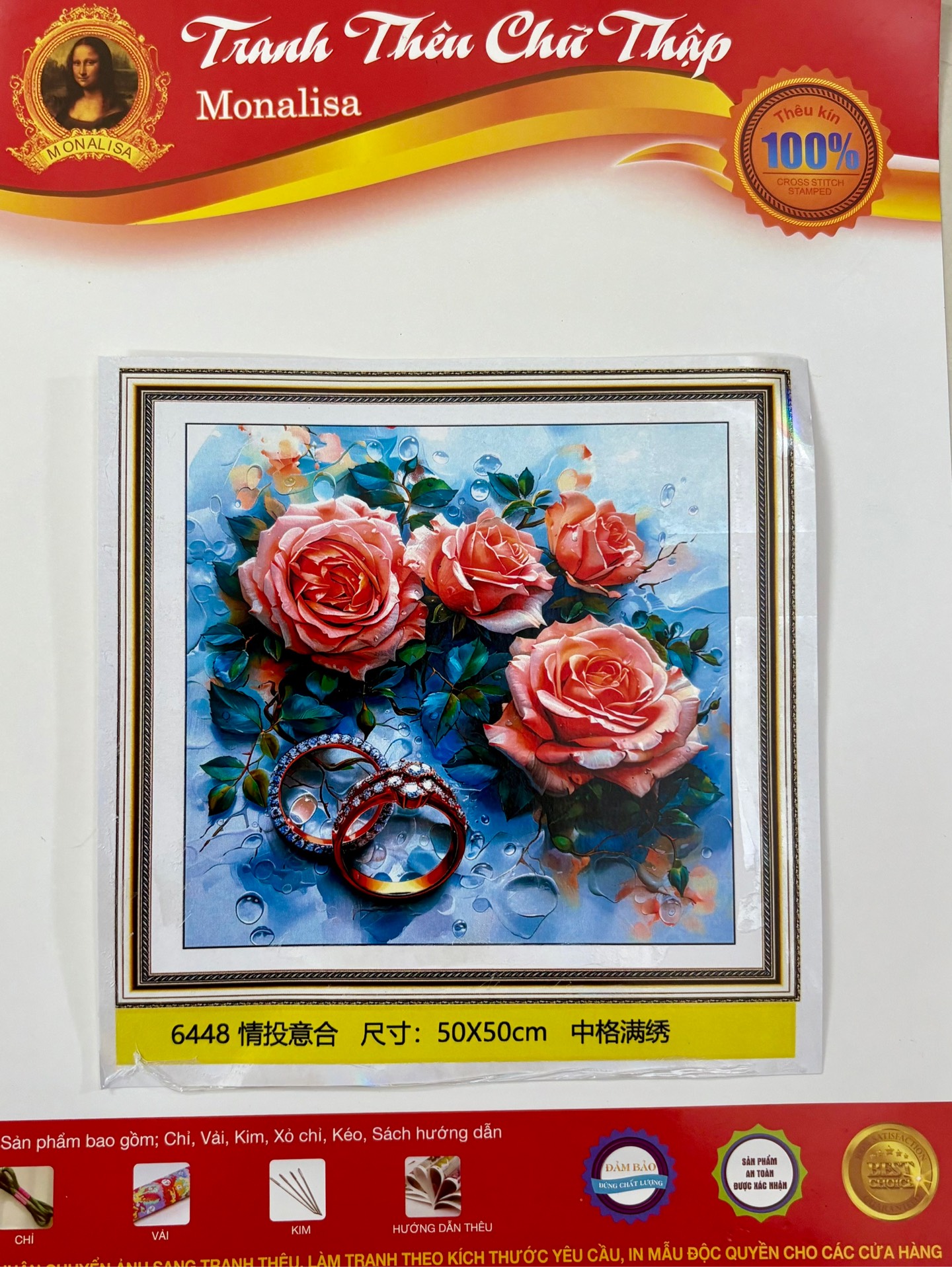 Tranh hoa Hồng và cặp nhẫn 6448, kích thước 50x50 cm