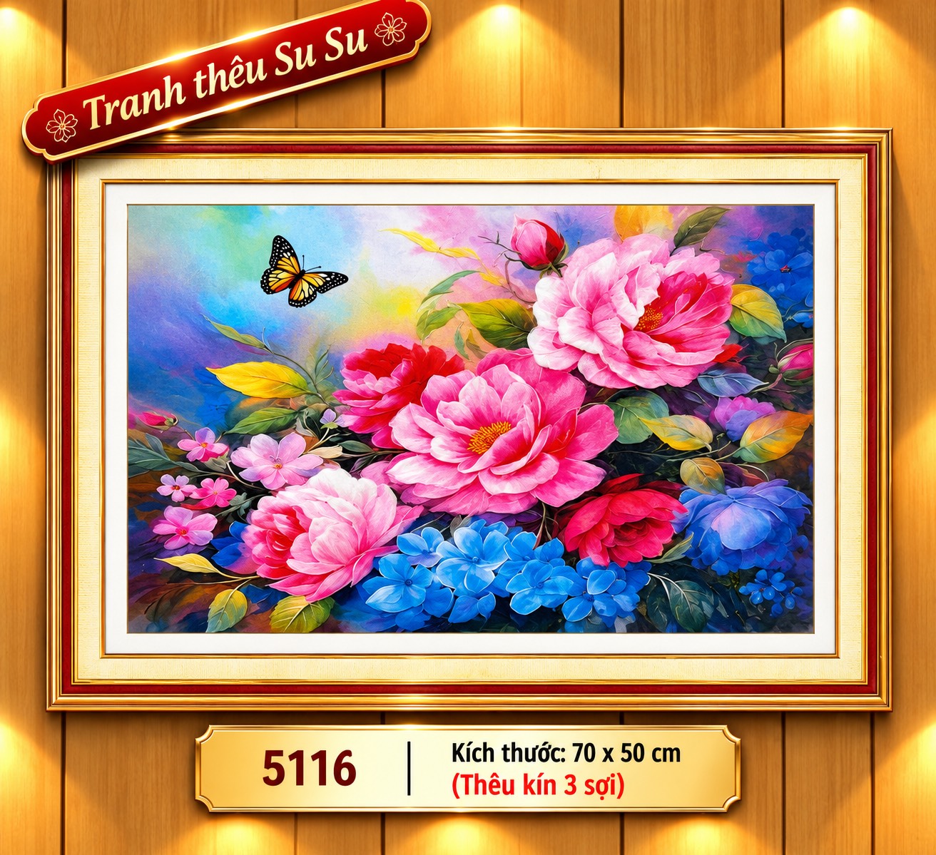 Tranh thêu kín Hoa mẫu đơn rực rỡ 5116, kích thước 50x70 cm