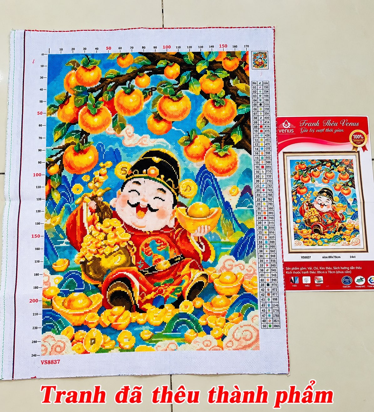 Tranh thành phẩm Thần tài, tranh chữ thập đã thêu thành phẩm