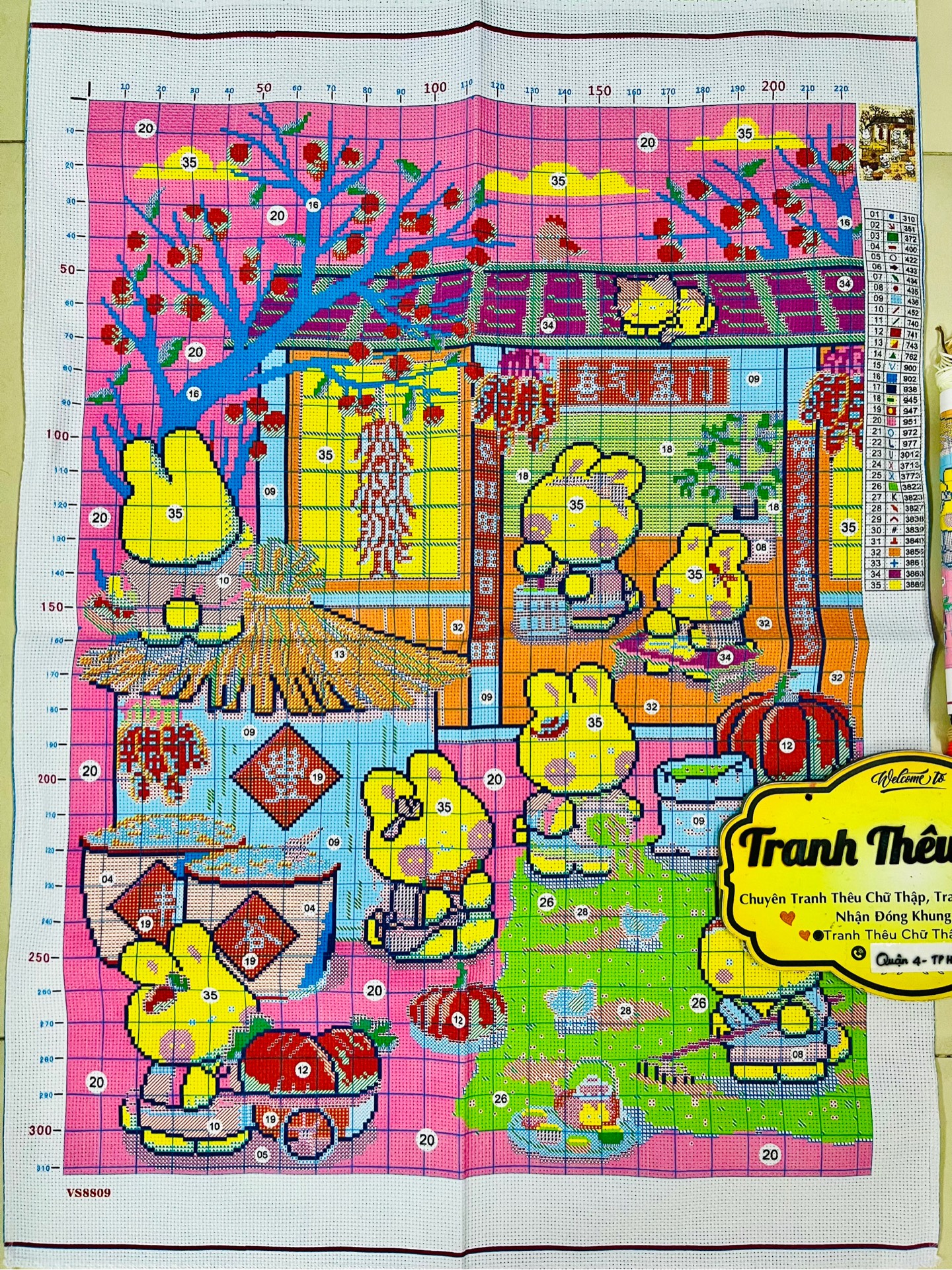 Tranh thêu kín thỏ phơi thóc VS8809, kích thước 60x80 cm