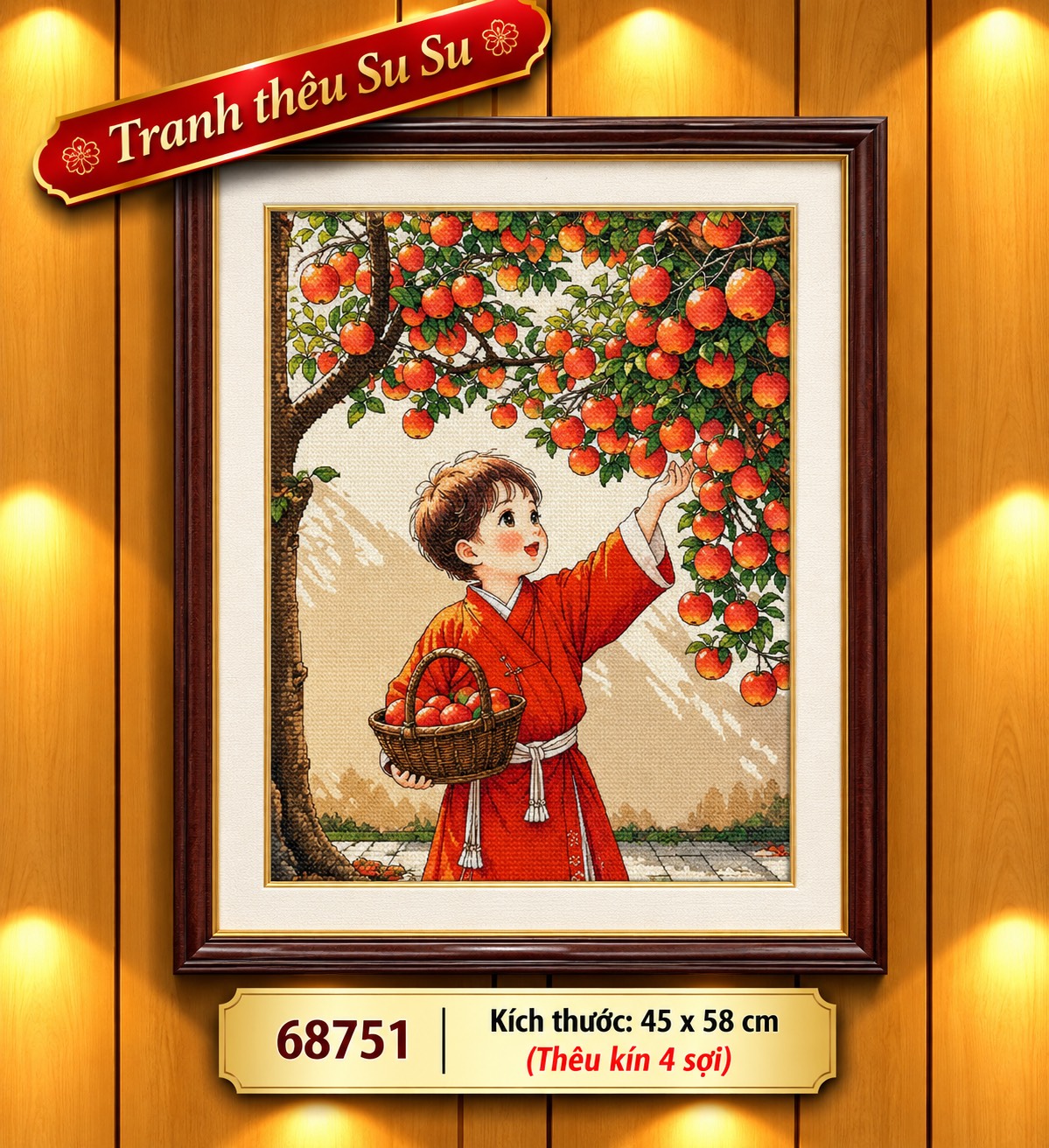 [Thêu kín 4 sợi] Tranh thêu bé hái đào 68751, kích thước 45 x 58 cm