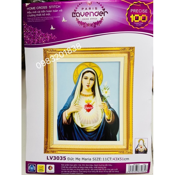 Tranh thêu chữ thập Đức Mẹ Maria LV3035, kích thước 43 x 51 cm