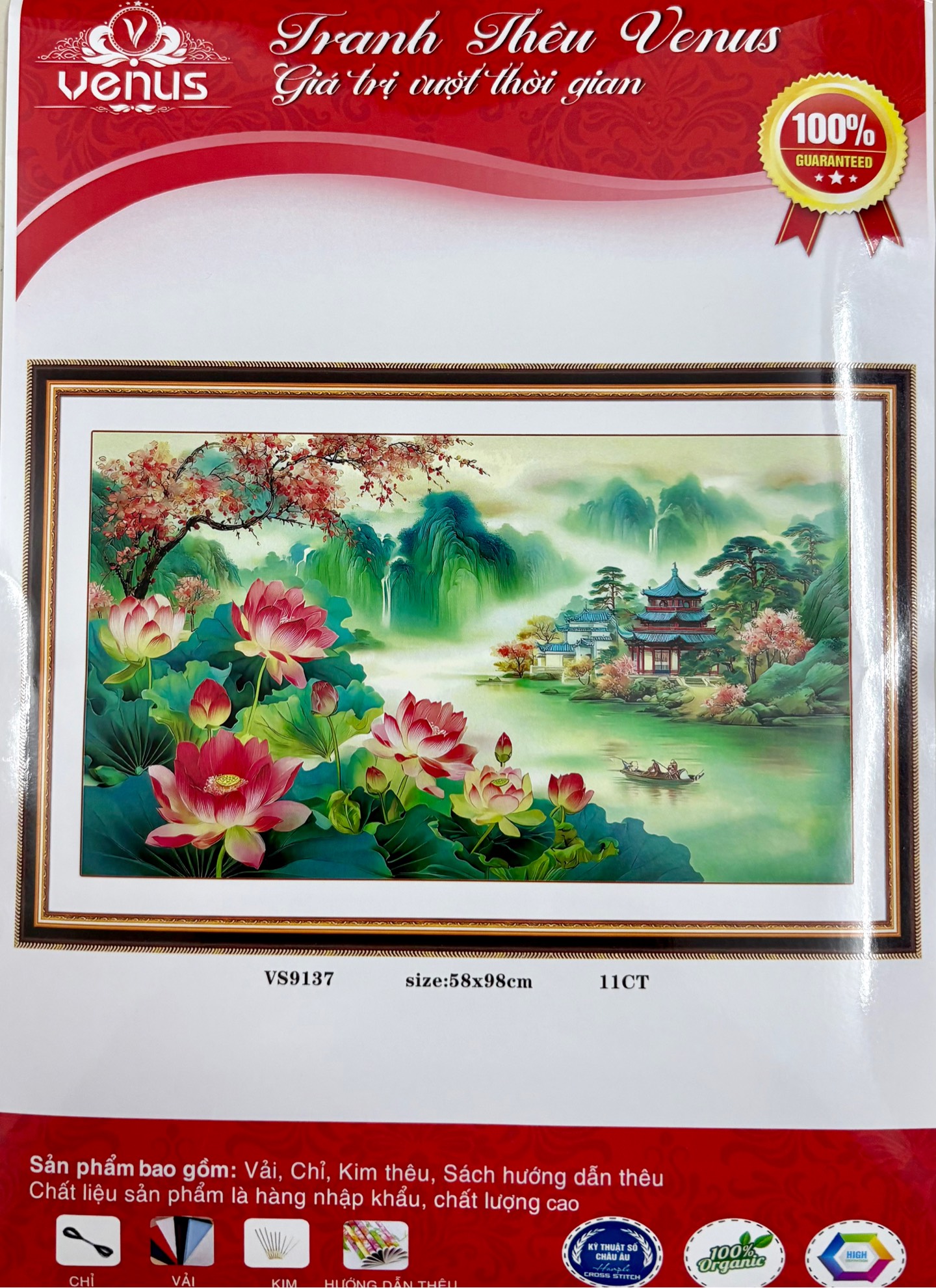 Tranh thêu kín Hoa Sen tinh khiết VS9137, kích thước 58 x 98 cm