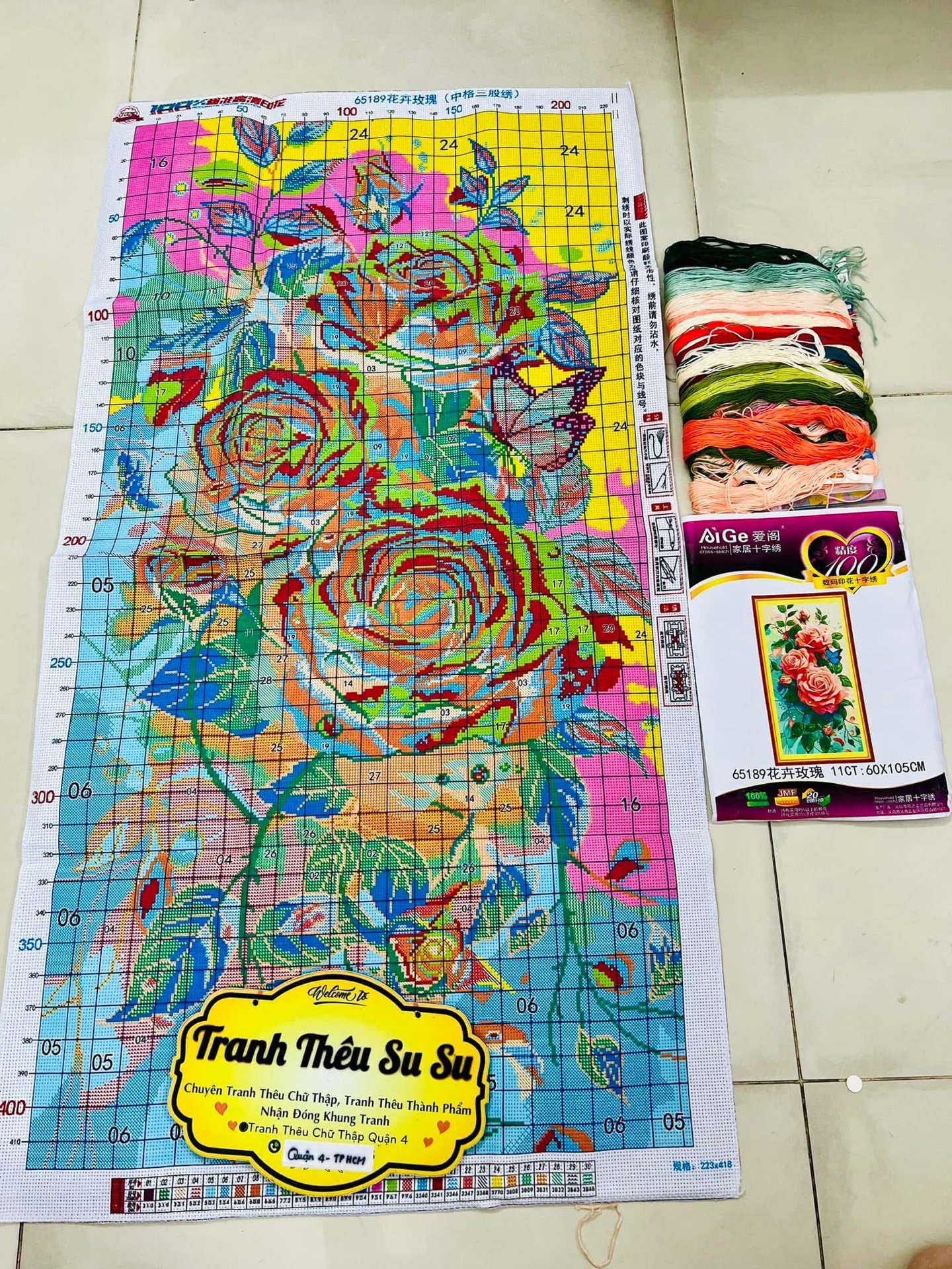 Tranh thêu kín Hoa hồng đỏ 65189, kích thước 65 x 108 cm