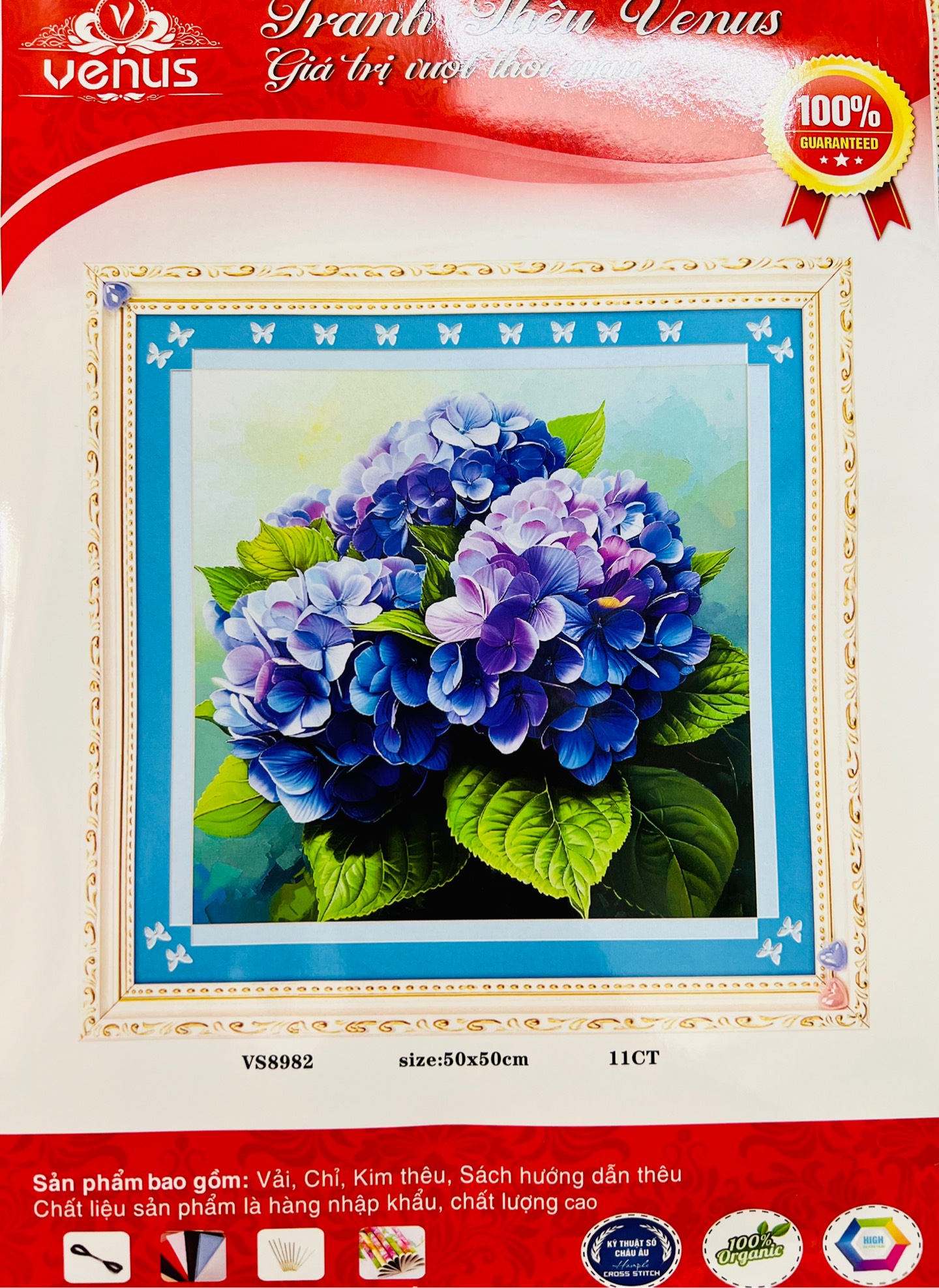 Tranh thêu kín Hoa cẩm tú cầu VS8982, kích thước 50x50 cm