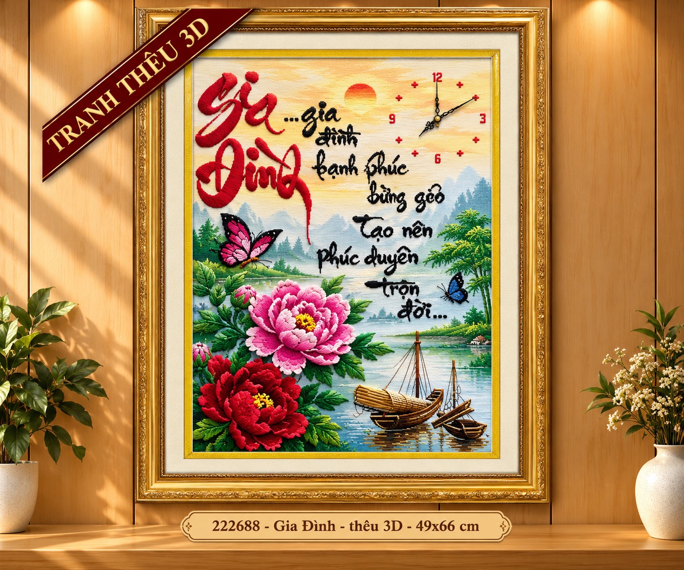 Tranh thêu Đồng hồ gia đình 222688, kích thước 49x 66 cm