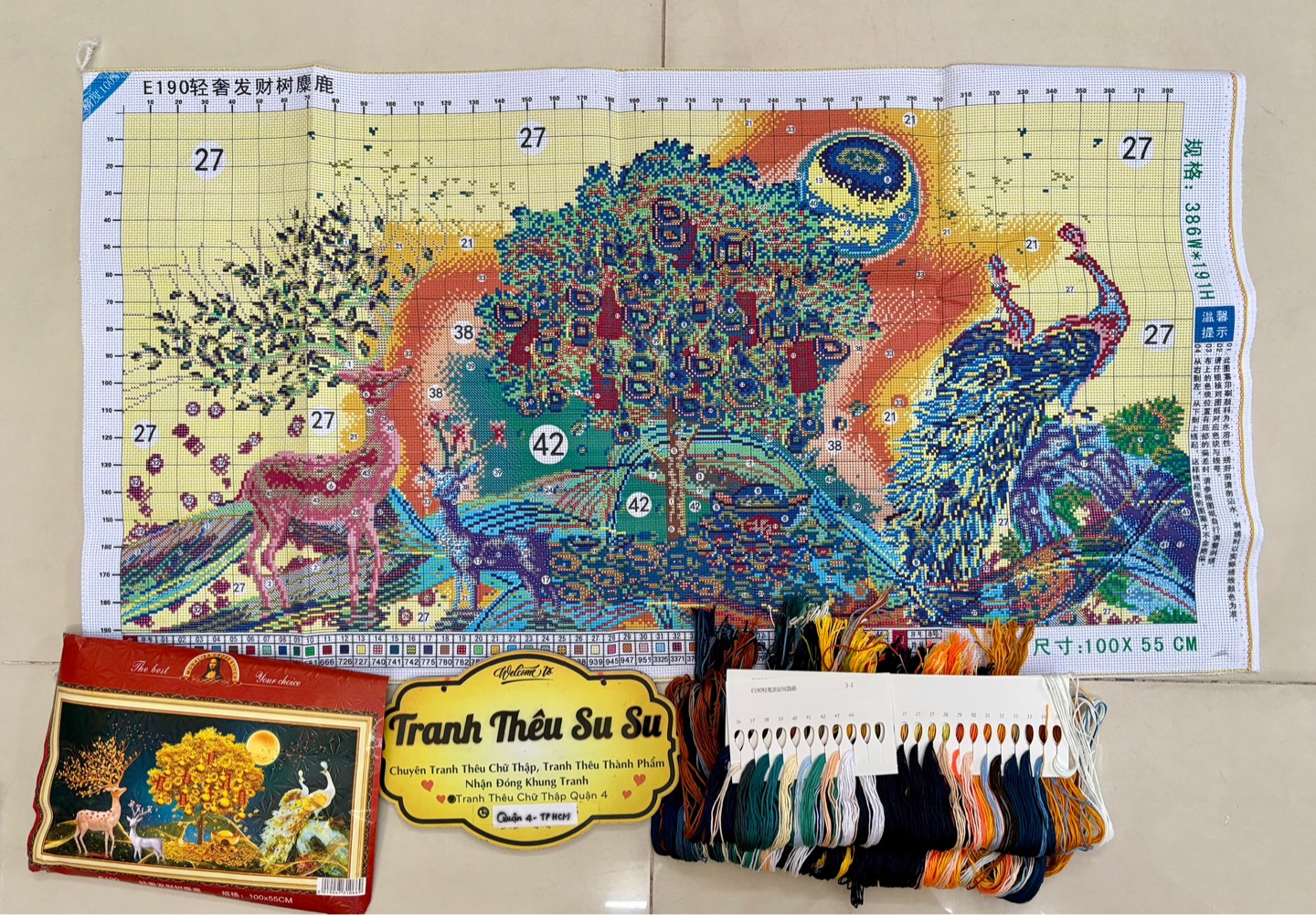 Tranh thêu kín Hươu tài lộc E190, kích thước 100 x 55 cm