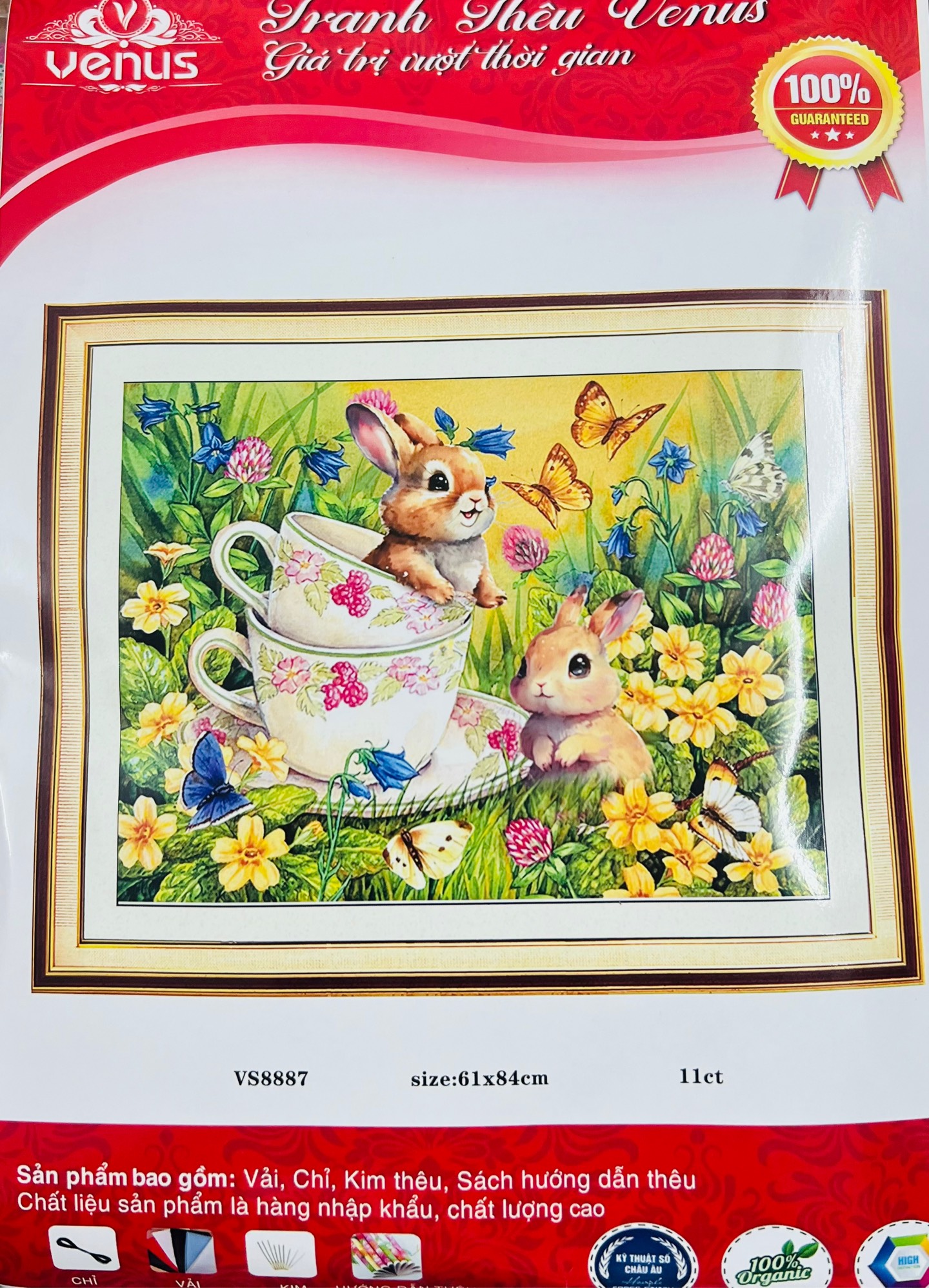 Tranh thêu kín Thỏ tinh nghịch dễ thương VS8887, kích thước 60 x 80 cm