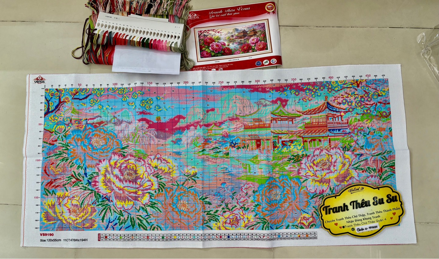 Tranh thêu kín Mẫu đơn phú quý VS9190, kích thước 120 x 55 cm