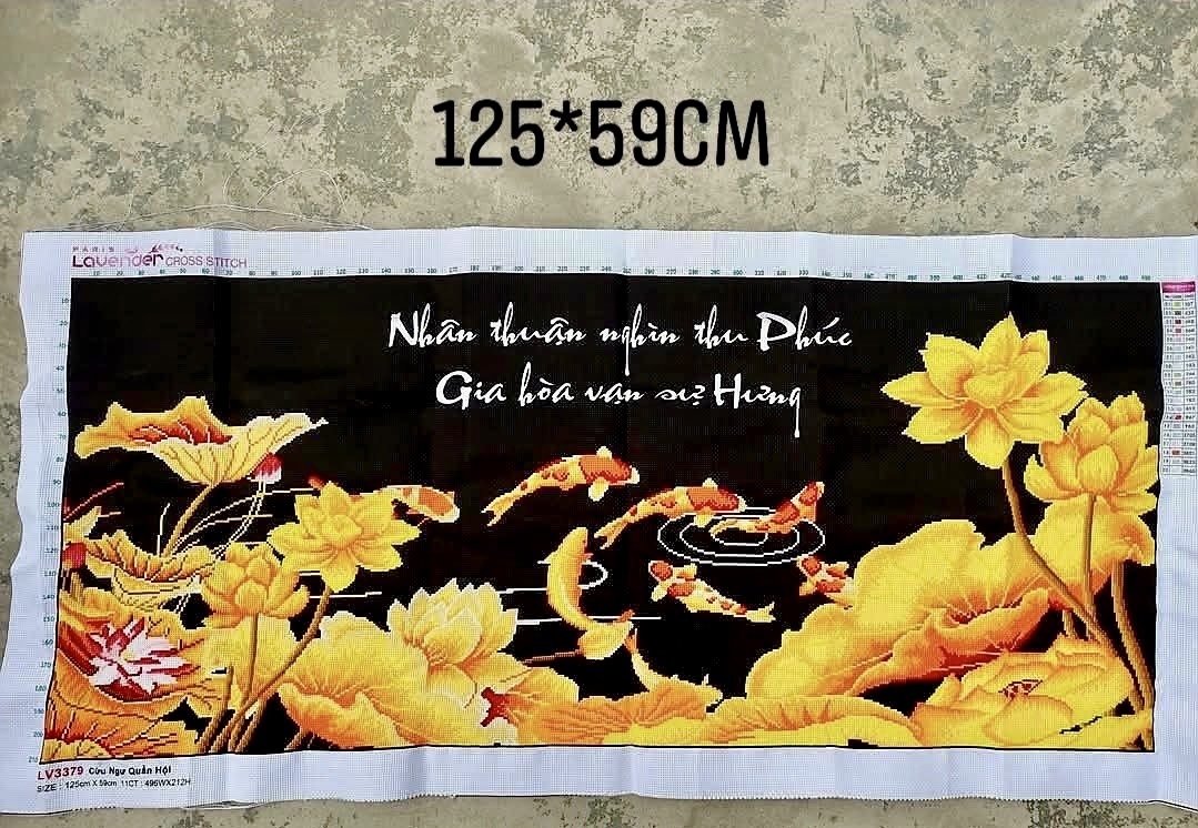 Tranh thành phẩm (đã thêu) Gia hoà vạn sự hưng, kích thước 125 x 59 cm