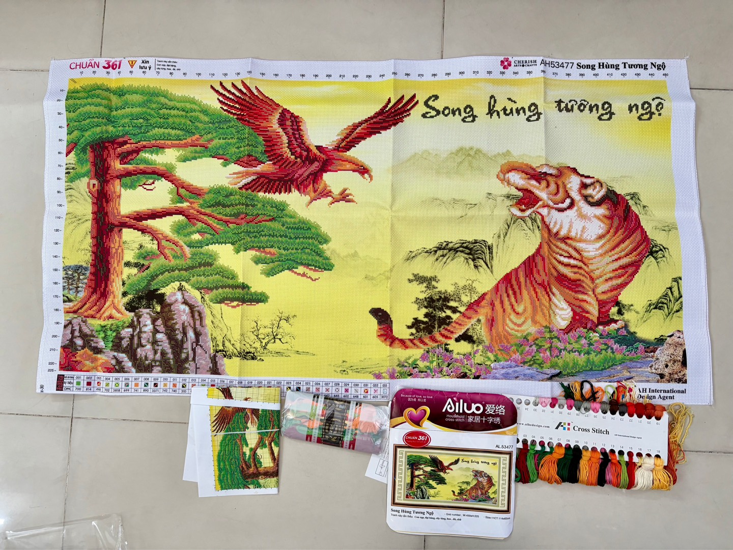 Tranh thêu Song hùng tương ngộ AL53477, kích thước 114x 62 cm