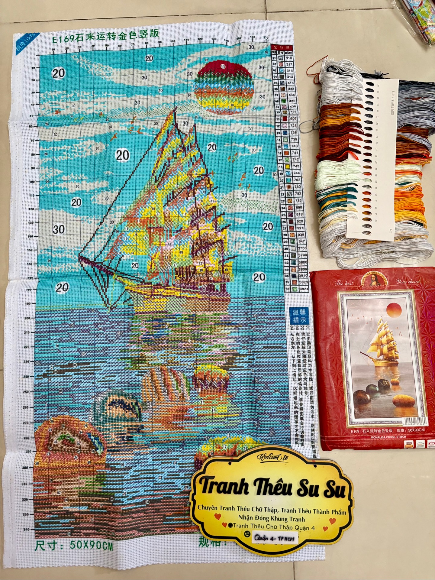 Tranh thêu kín Thuận buồm xuôi gió E169, kích thước 50 x 90 cm