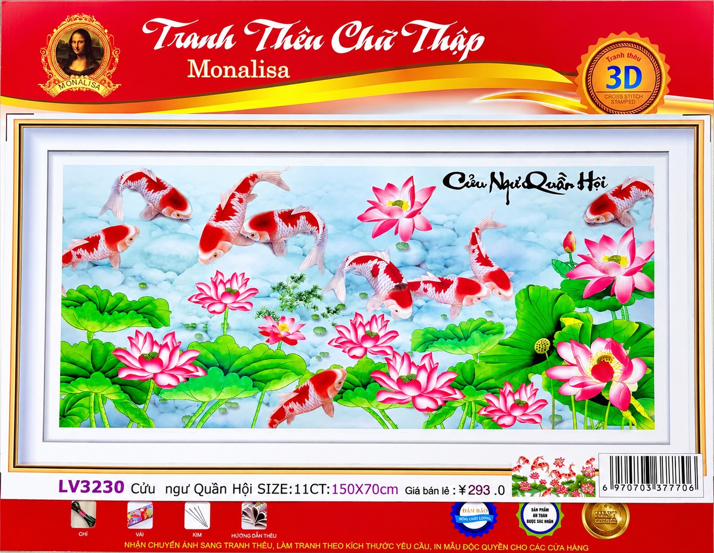 Tranh thêu Cửu ngư quần hội LV3230, tranh 3D, kích thước 150 x 70 cm