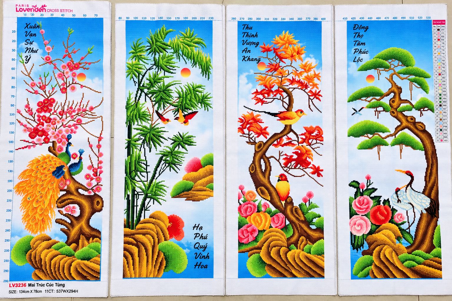 Tranh thành phẩm (đã thêu) Tứ quý, kích thước 134 x 78 cm