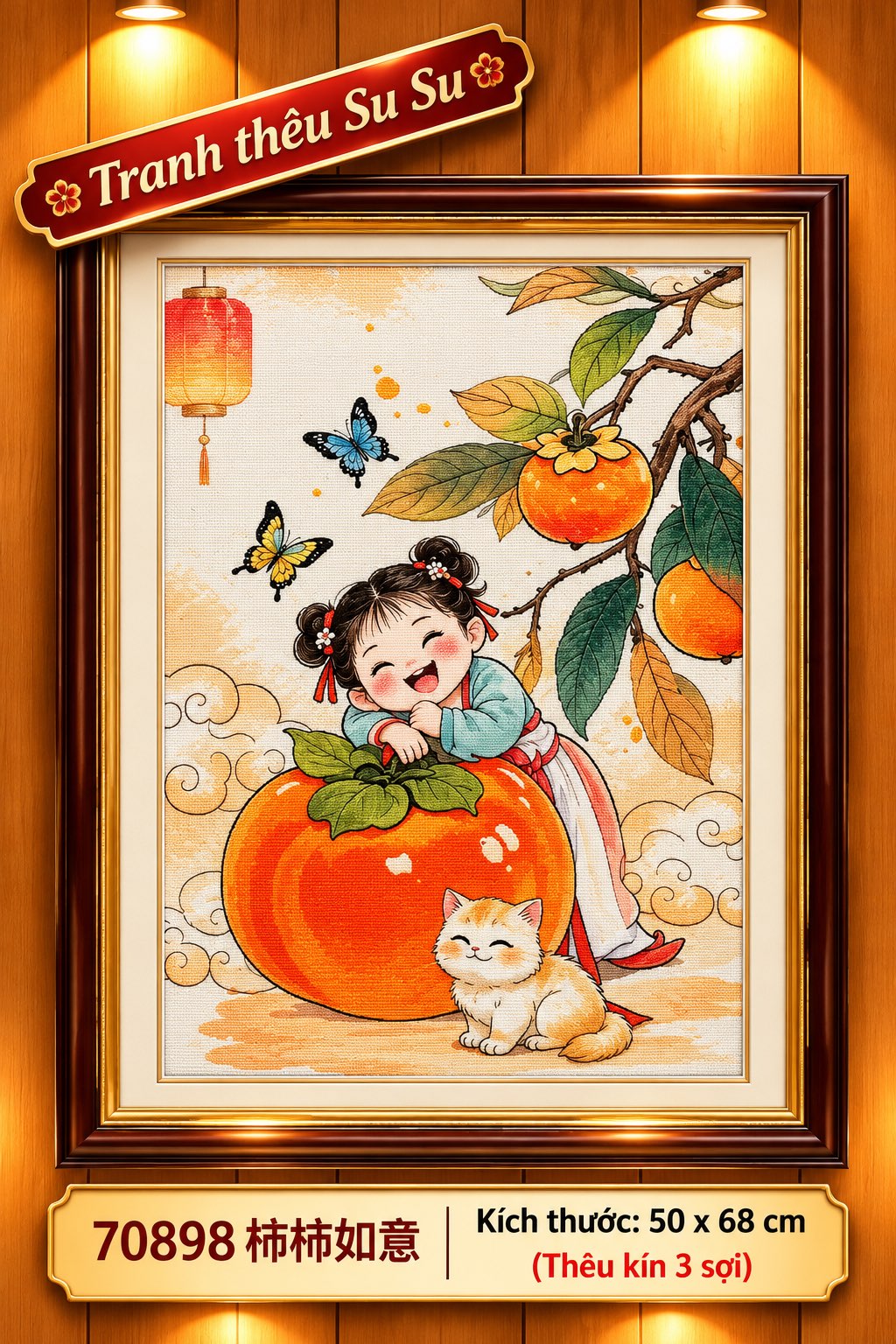 Tranh thêu kín bé gái và quả hồng 70898, kích thước 50 x 67 cm