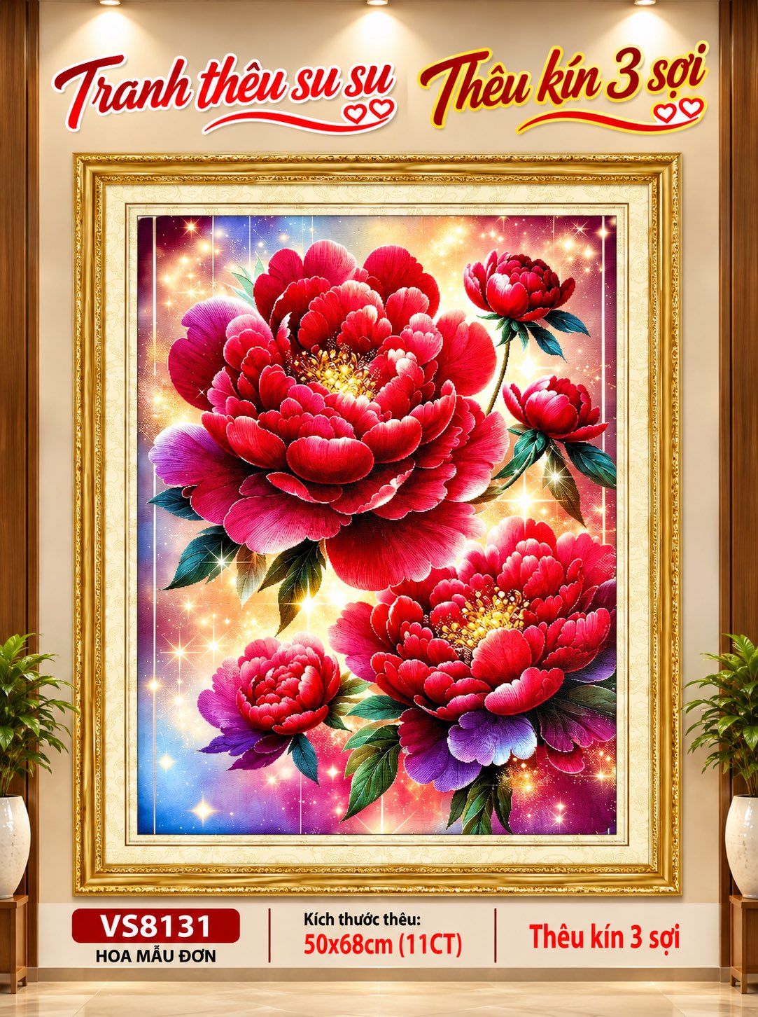Tranh thêu kín Hoa mẫu đơn VS8131, kích thước 50 x 68 cm
