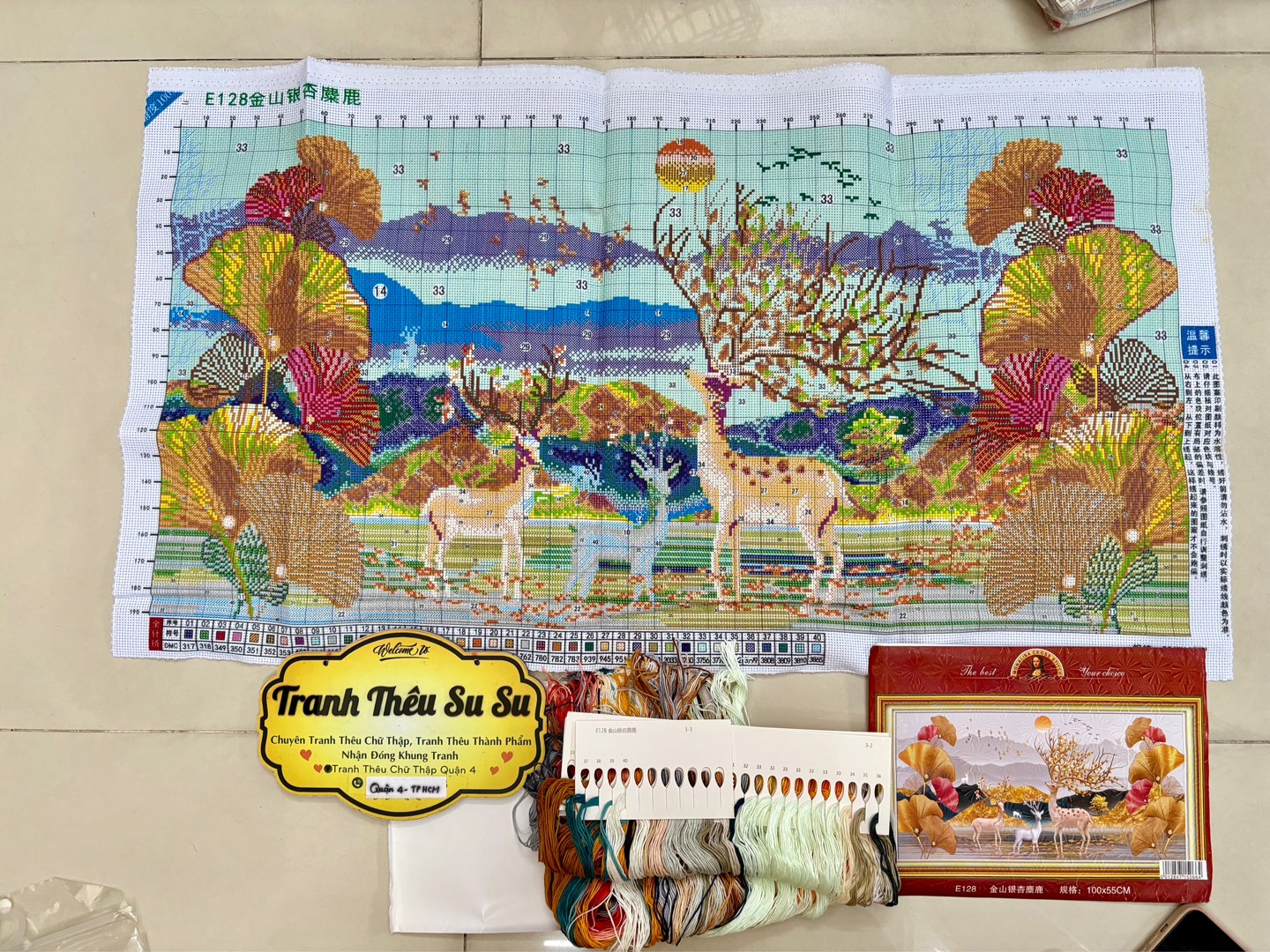 Tranh thêu kín Hươu tài lộc E128, kích thước 100 x55 cm