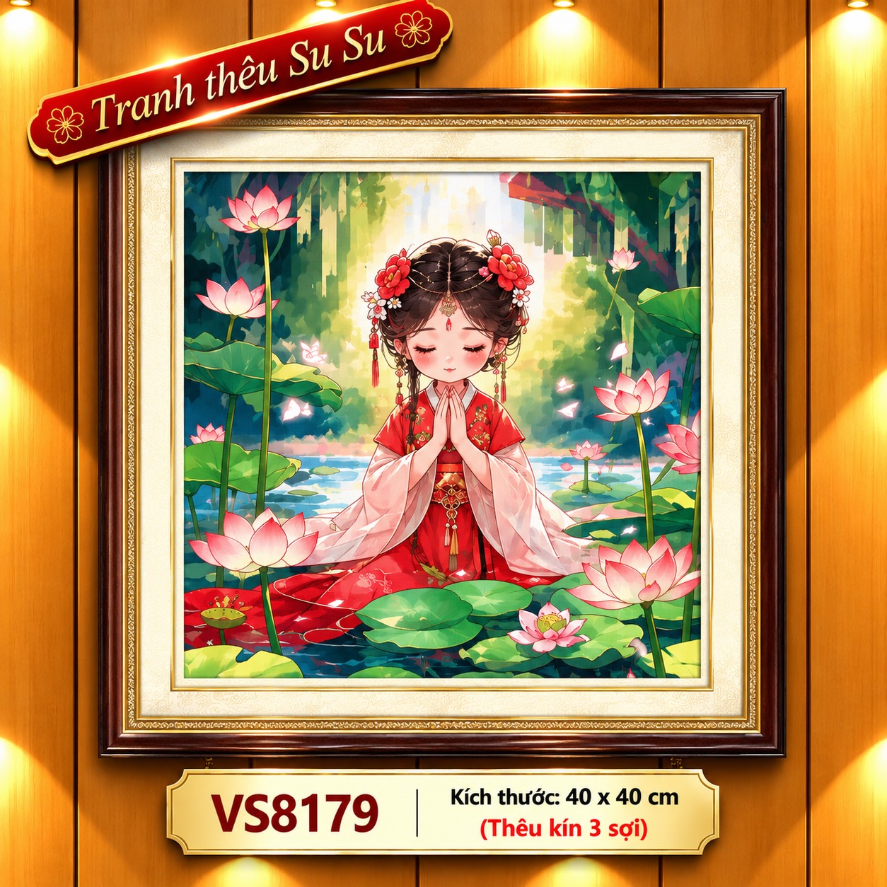 Tranh thêu kín bé gái, thêu kín 3 sợi (11CT), kích thước mỗi bức 40 x 40 cm