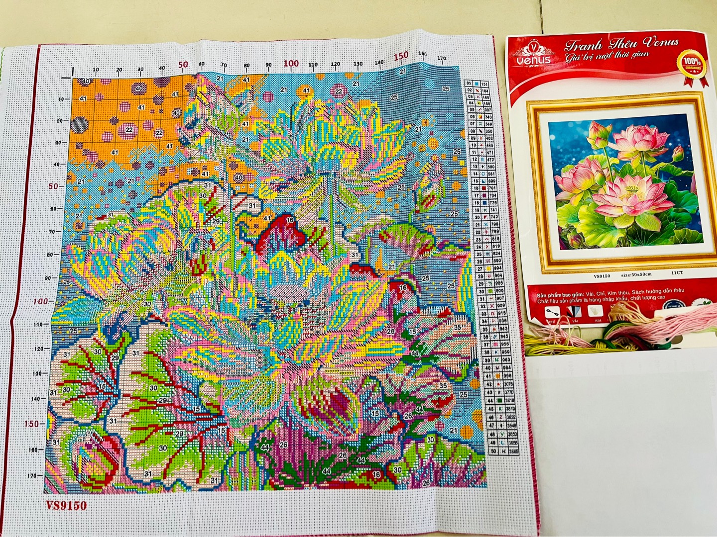 TRANH THÊU KÍN HOA SEN VS9150, KÍCH THƯỚC 50 x 50 cm