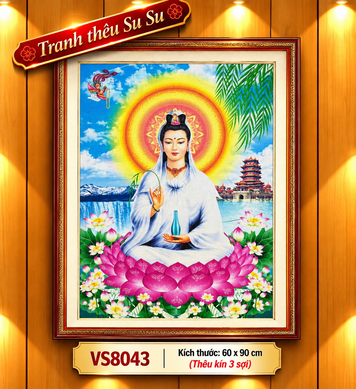 Tranh thêu kín phật quan âm Vs8043, kích thước 60x90 cm