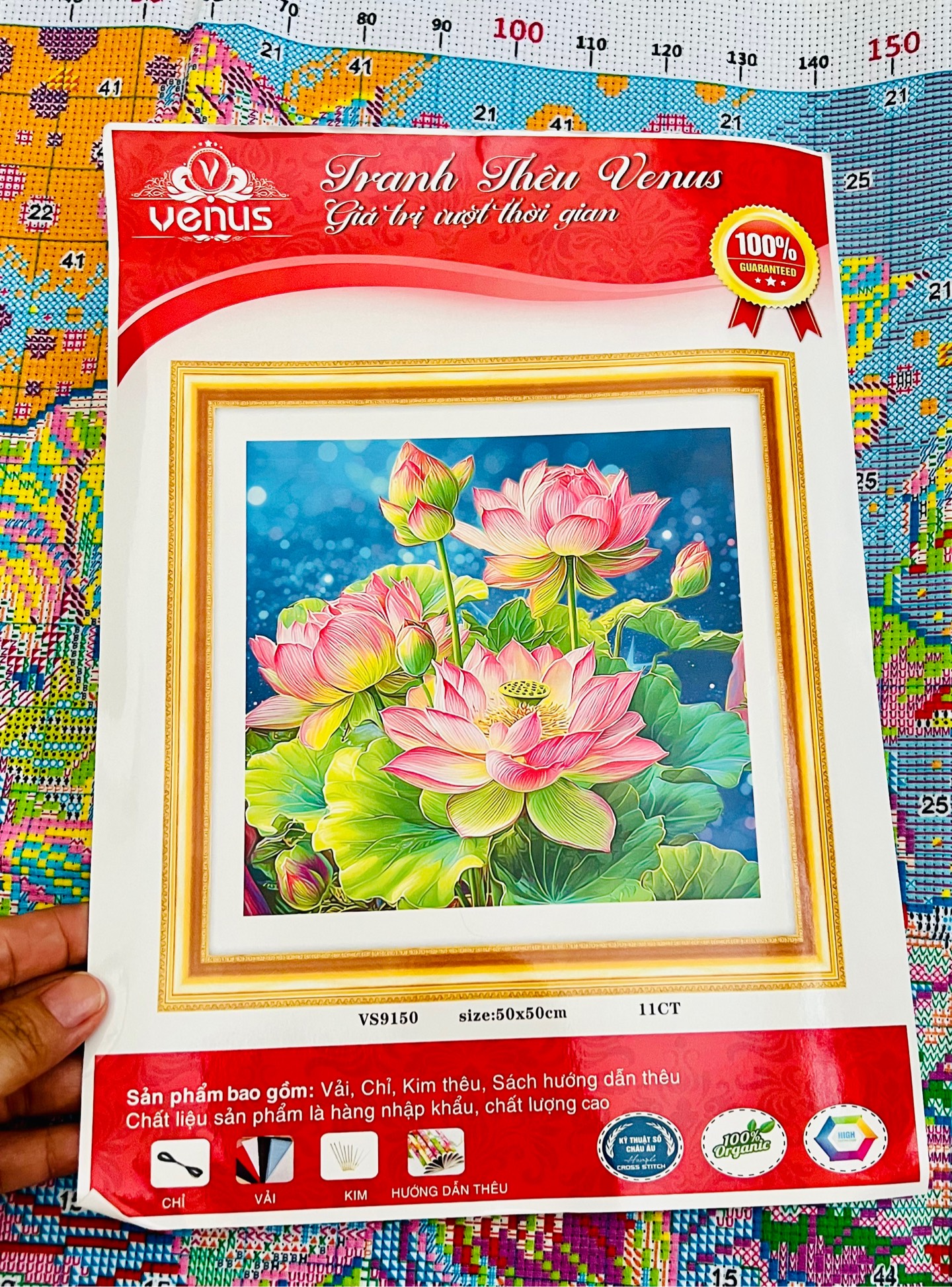 TRANH THÊU KÍN HOA SEN VS9150, KÍCH THƯỚC 50 x 50 cm